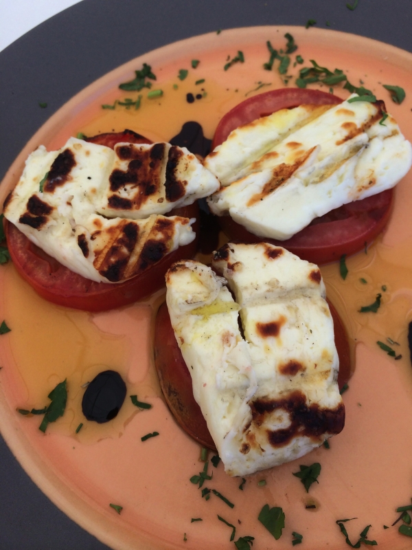 Grilled Halloumi Cheese over Tomatoes