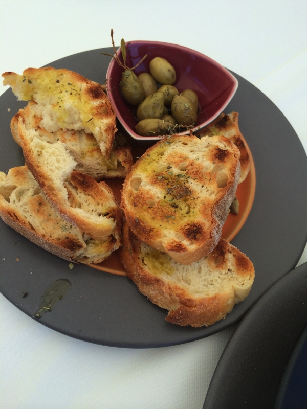 On the table- Grilled Bread with Olives to Start